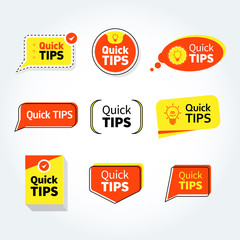 Quick tips, helpful tricks vector logos, emblems and banners vector set isolated. Helpful idea, solution and trick illustration