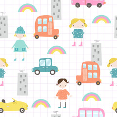 Cute kids seamless pattern with little girls in the city. Vector hand drawn illustration.