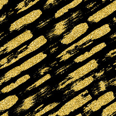 Modern seamless pattern with glitter brush stripes and strokes. Golden color on black background. Hand painted grange texture. Shiny spark elements. Fashion modern style. Repeat fabric print.