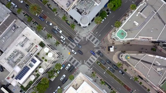 Overhead aerial drone shot of Rodeo Dr and Dayton Way intersection