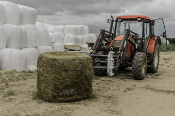 Unpacked from the membrane a silage bale and a tractor with a forklift near the barn. Good food for cows. Dairy farm. Podlasie, Poland.