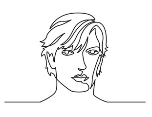 continuous line drawing of long haired man portrait on white background