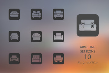 Fototapeta premium Armchairs. Set of flat icons on blurred background