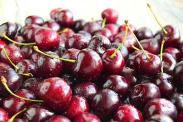  Sweet cherry fresh ripened. Drops of water are on sweet cherry. Сloseup