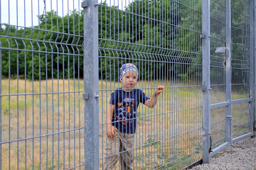 A small white boy is looking through the fence of the grate.