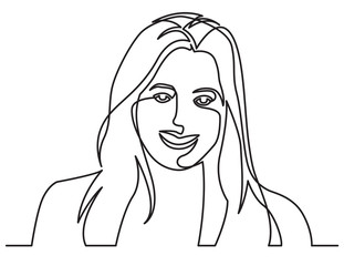 continuous line drawing of smiling happy woman on white background