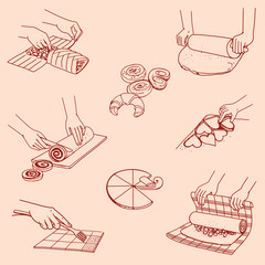 Different pastries, pastry, buns, rolls on a pink background
