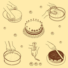 Stages of preparation of a cake on a beige background