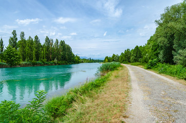 Fototapeta na wymiar Bicycle route along the Mincio river between lake Garda, Veneto and Mantova, Lombardy in Italy