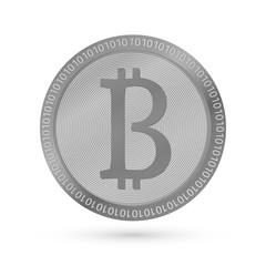 Realistic silver bitcoin icon isolated on white. Digital currency mining. Cryptocurrency coin and  Blockchain technology concept.