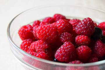 Berries of raspberry and several berries of bilberry are in a glass bowl. Close up, white background
