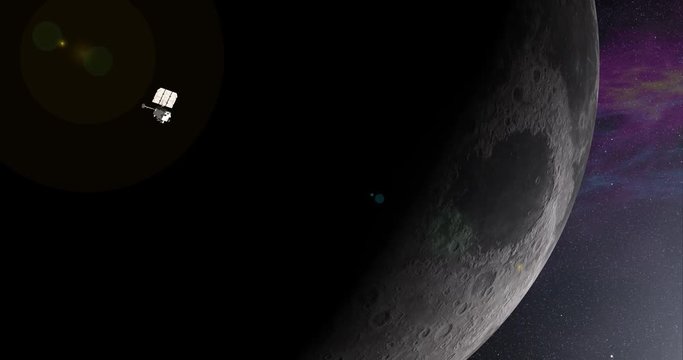 Long shot with lens effects and nebulae: the LRO spacecraft in orbit around Earth's Moon. Reversible, can be rotated 180 degrees. Elements of this image furnished by NASA.
