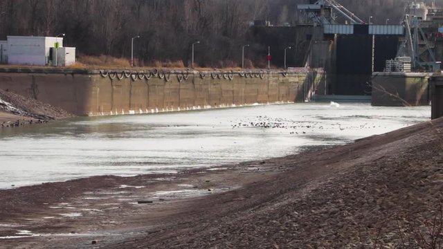 Static Shot looking towards locks at Lock 7 in Thorold, ON. The Canal is drained due to maintenance.