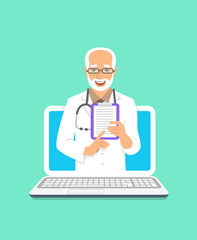 Online doctor concept. Medical internet consultation. Vector flat illustration. Healthcare consulting web service. Elderly man physician holds clipboard with treatment. Hospital support by computer