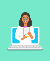 Online doctor concept. Medical internet consultation. Vector flat illustration. Healthcare consulting web service. Black woman physician holds clipboard with treatment. Hospital support by computer