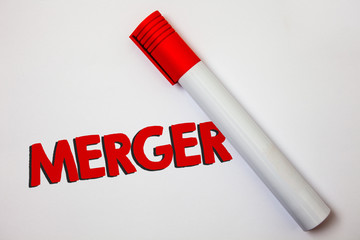 Writing note showing Merger. Business photo showcasing Combination of two things or companies...