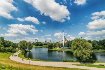Naklejka premium Munich, Germany June 09, 2018: Panoramic view over the olymic park in Munich. The park was built for the olympic games in 1972. 