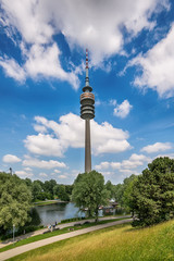 Naklejka premium Munich, Germany June 09, 2018: Panoramic view over the olymic park in Munich. The park was built for the olympic games in 1972. 