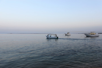 Boats and fisherman on it. Fishing on the Red sea, Safaga, Egypt.