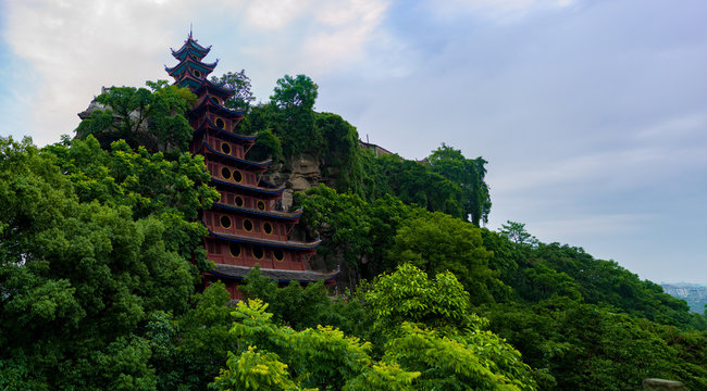 Shiobzhai - red pagoda on Fengdu Ghost Island, China