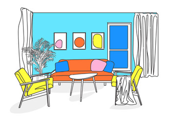 interior design vector illustration. hand drawn furniture. pop art style living room illustration. 