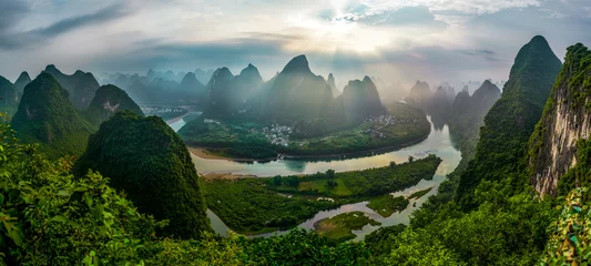  Beautiful Li river sunrise with sun rays, little towns and farmland © Marcel