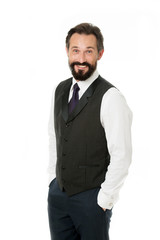 Charisma as key to success. Businessman cheerful face. Businessman classic formal suit hold hands in pockets. Business people choose formal clothing. Charismatic person achieves success easier