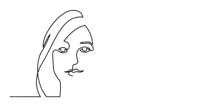Animation of continuous line drawing of lovely woman portrait