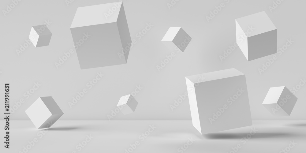 Fototapete suspended cubes on a white background. 3d image rendering.