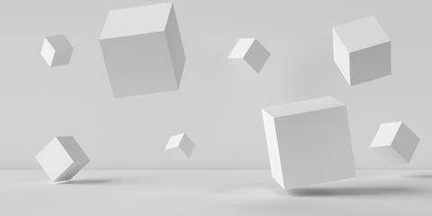 Suspended cubes on a white background. 3D image rendering.