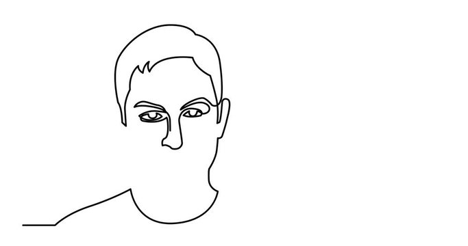 Animation of continuous line drawing of positive man portrait