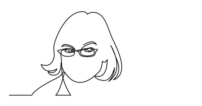 Animation of continuous line drawing of smiling woman in glasses