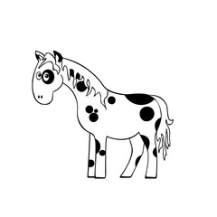 Black and white vector illustration of a cartoon horse. White horse with black spots on white background. 