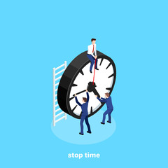 the man in a business suit is hanging on the minute hand of the clock trying to stop the time, isometric image