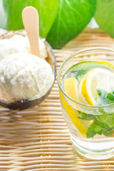Fresh Cool Infused Detox Water with Ripe Organic Sliced Lemons Mint in Frosty Glass Ice Cream in Coconut Bowl on Rattan Table. Tropical Plants Background. Healthy Drink Dessert Summer Refreshment
