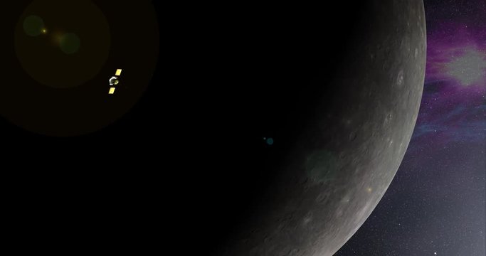 Long shot with lens effects and nebulae: the Messenger spacecraft in orbit around Mercury. Reversible, can be rotated 180 degrees. Elements of this image furnished by NASA.