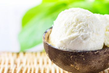 Scoop of Delicious Vegan Ice Cream in Coconut Bowl on Rattan Table. Green Palm Leaves Tropical Background. Plant Based Diet Healthy Dessert Superfoods. Vacation Concept. Copy Space