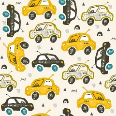 Stof per meter Patroon met auto& 39 s. Handgetekende auto& 39 s op de weg. Ontwerp in Scandinavische stijl. Decoratieve abstracte kunst. © OliaGraphics