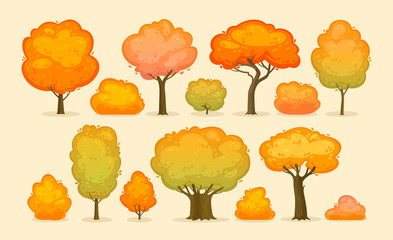 Trees and bushes. Autumn, forest, park concept. Cartoon vector illustration