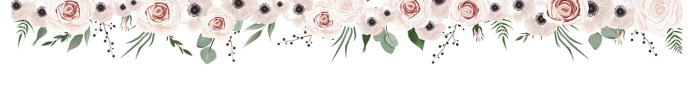 Horisontal botanical vector design banner. Pink rose, eucalyptus, succulents, flowers, greenery. Natural spring card or frame.