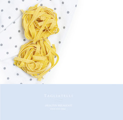 Flat lay, top Tagliatelle pasta on isolated white background. Seamless pattern with Tagliatelle...