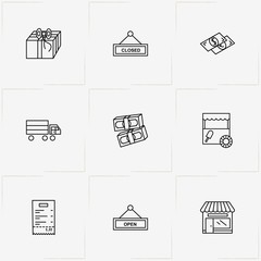 Shopping line icon set with closed signboard , gift  and money