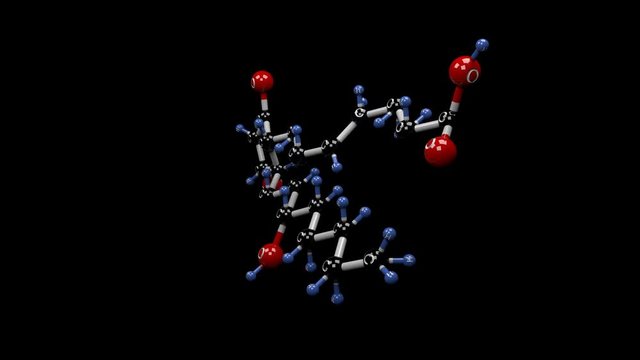 Prostaglandin E2 molecule. Molecular structure of PGE2, physiologically active lipid compound. Alpha channel.