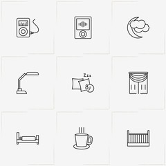 Sleep line icon set with bed, curtain and music player