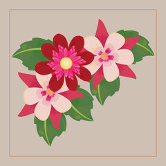 ornament of tropical flowers with leaves over brown background, colorful design. vector illustration