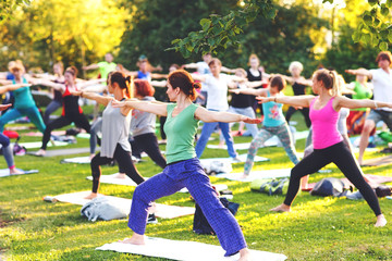 A group of young people do yoga in the Park at sunset.