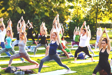 A group of young people do yoga in the Park at sunset.
