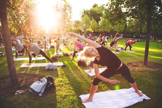 A group of young people do yoga in the Park at sunset.