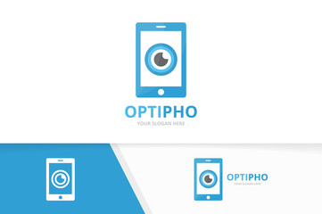 Vector eye and phone logo combination. Optic and mobile symbol or icon. Unique vision and device logotype design template.