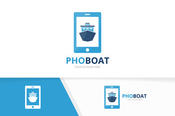 Vector ship and phone logo combination. Boat and mobile symbol or icon. Unique yacht and device logotype design template.